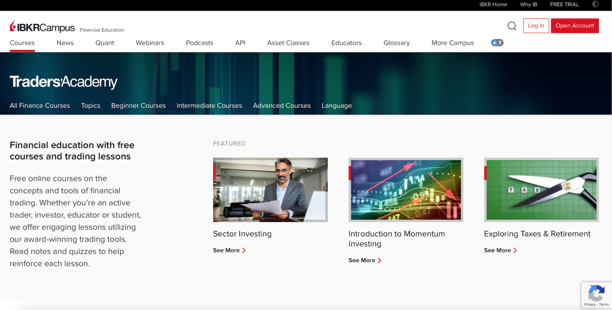 Interactive Brokers’ website showing its Traders Academy homepage.