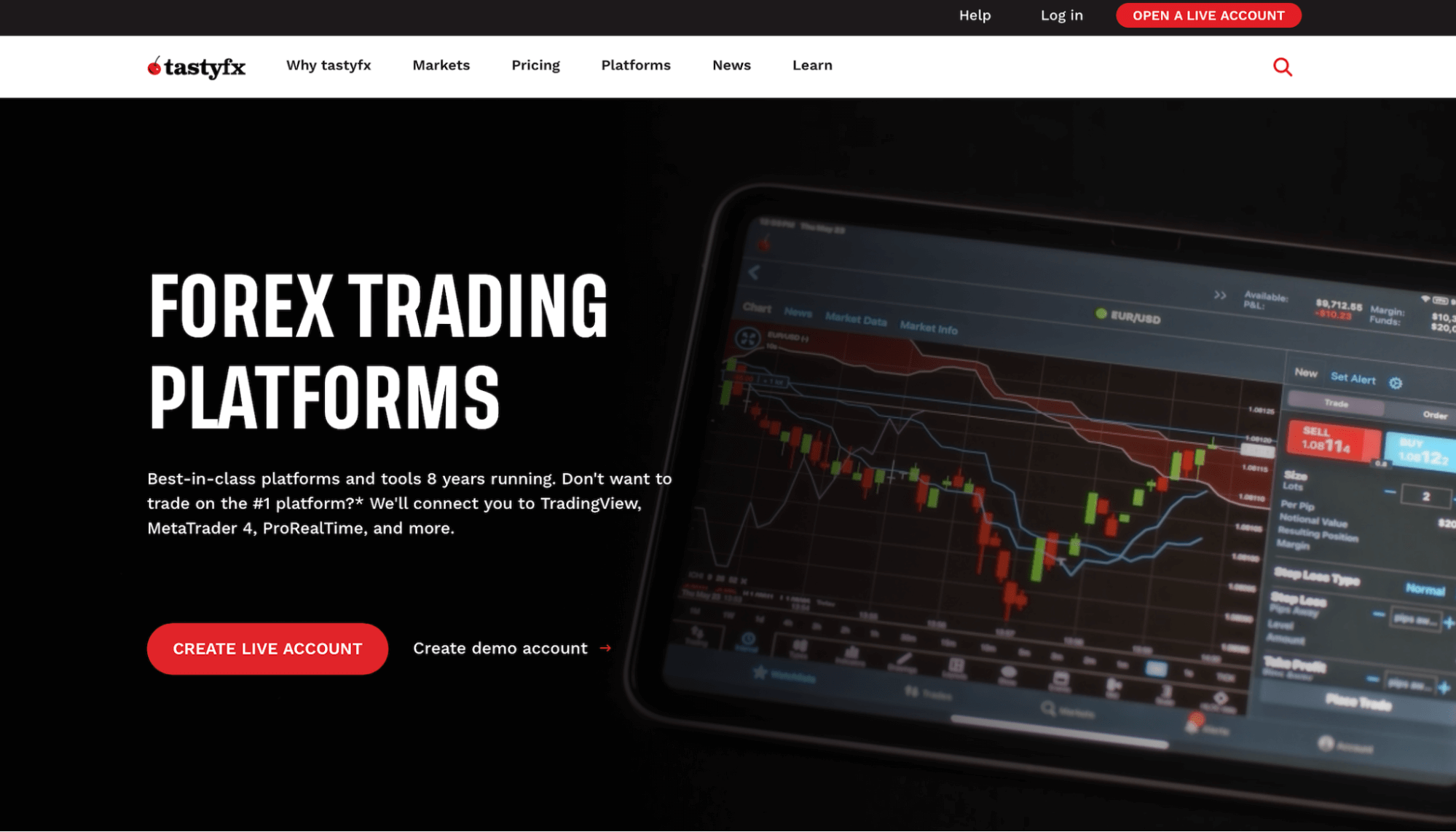 TastyFX website showing its range of trading platforms.