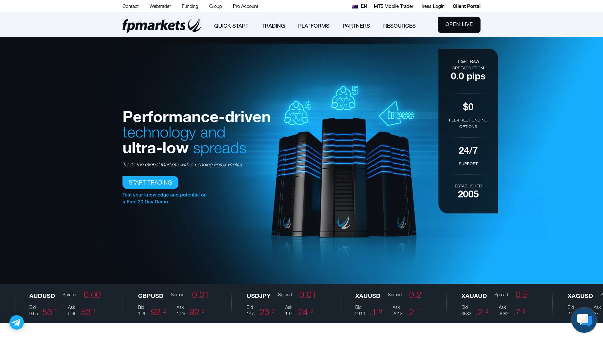 FP Markets homepage, showcasing its ultra-low spreads.