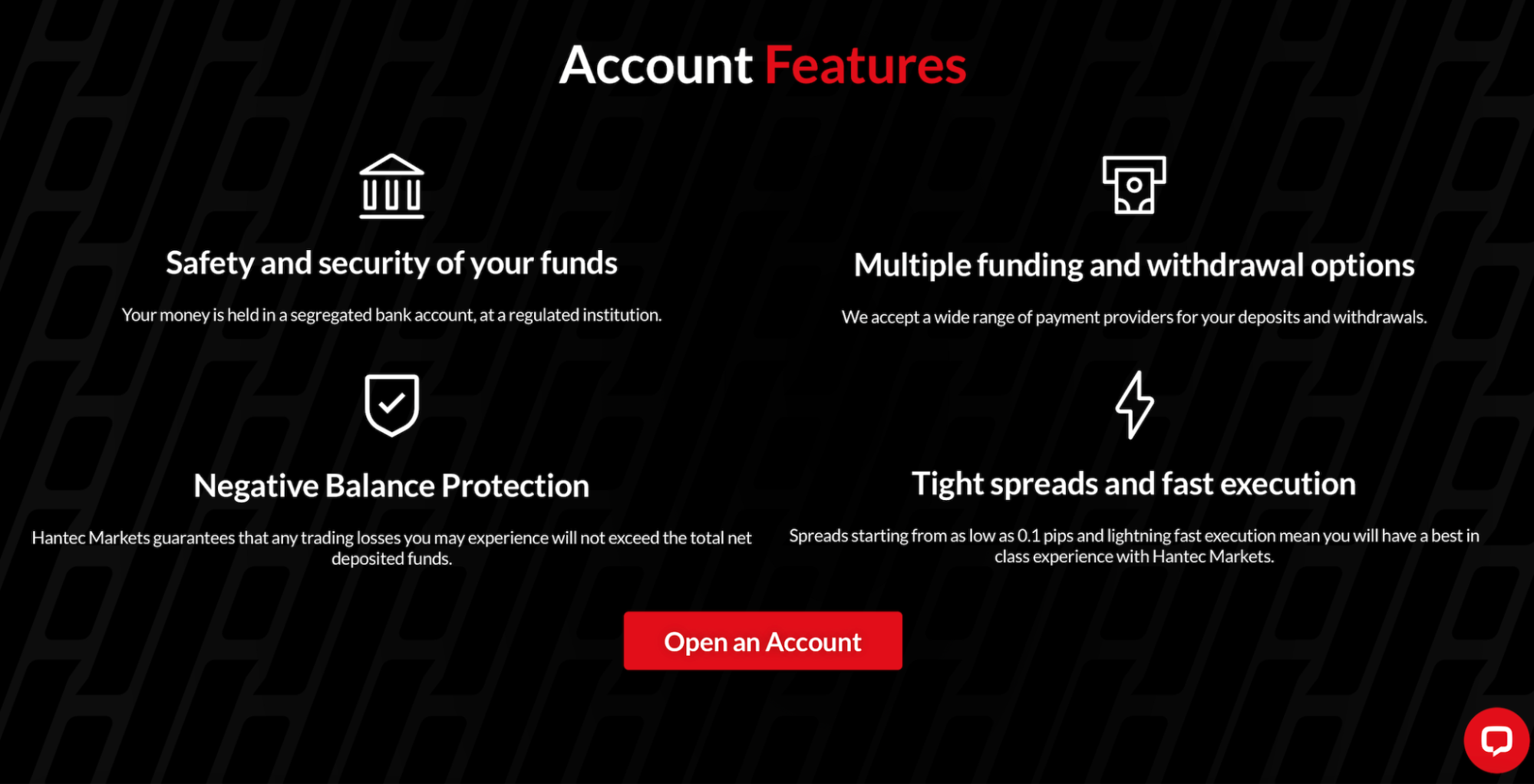 Hantec Markets website showing its account features.