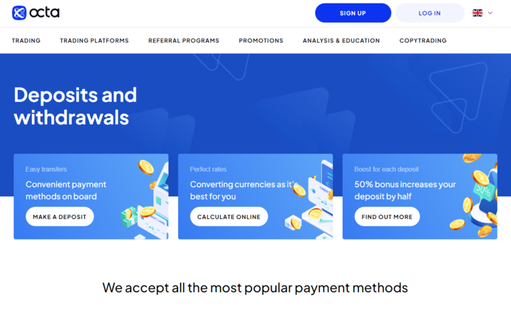 Octa deposit and withdrawal options.